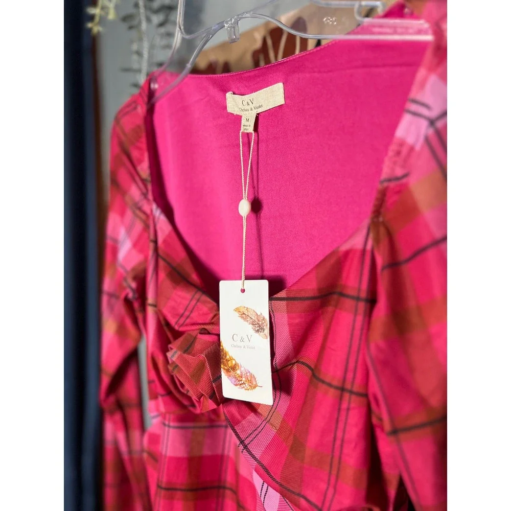 Chelsea & Violet Pink Plaid Ruched Bodycon Dress Rosette Long Sleeve Size M NEW - Picture 3 of 4